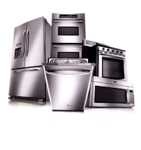 a group of stainless steel appliances on a black background